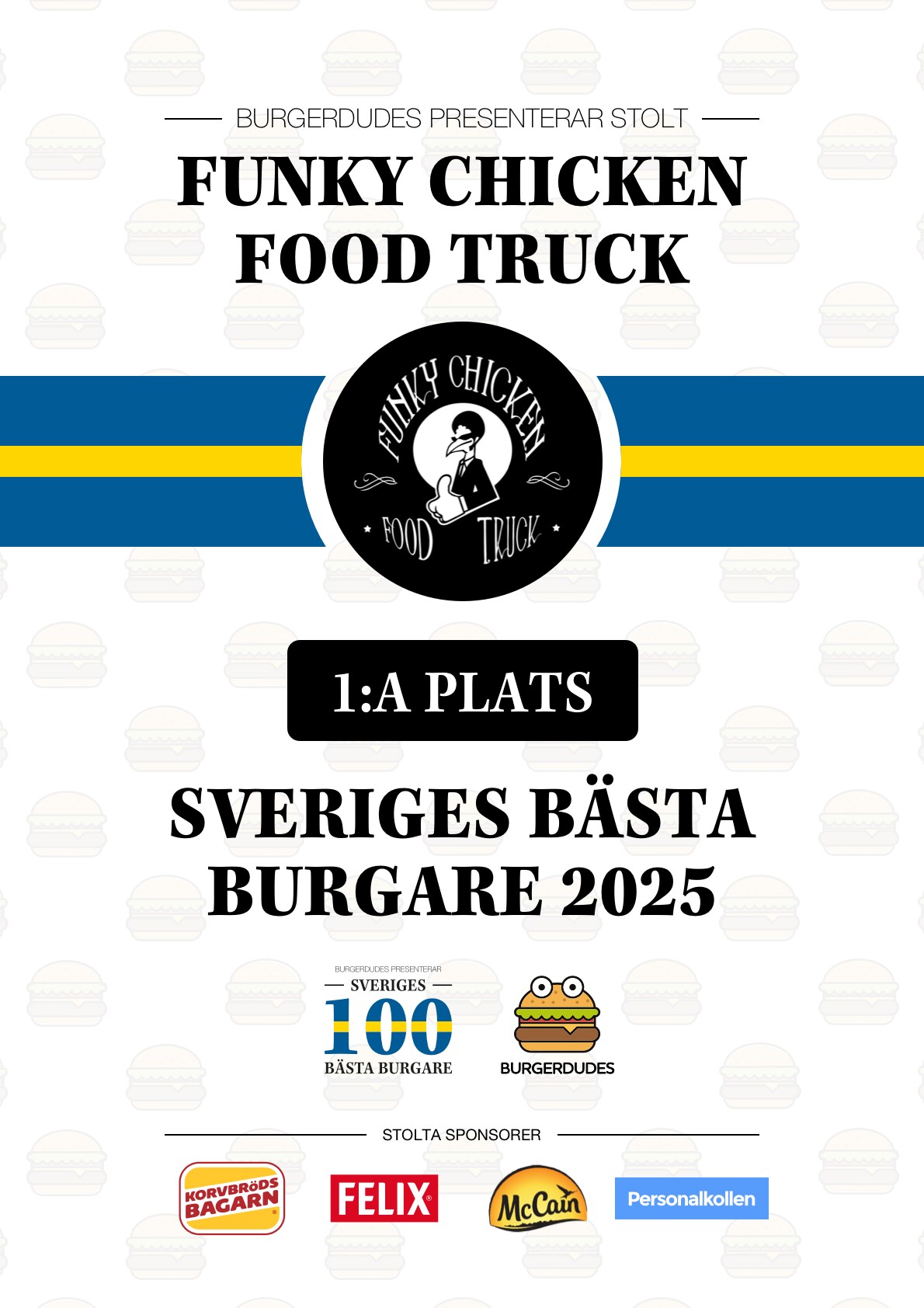 Framed Burgerdudes certificate for Funky Chicken Food Truck reading "1:a plats – Sveriges bästa burgare 2025" (1st place, Sweden's Best Burger 2025)