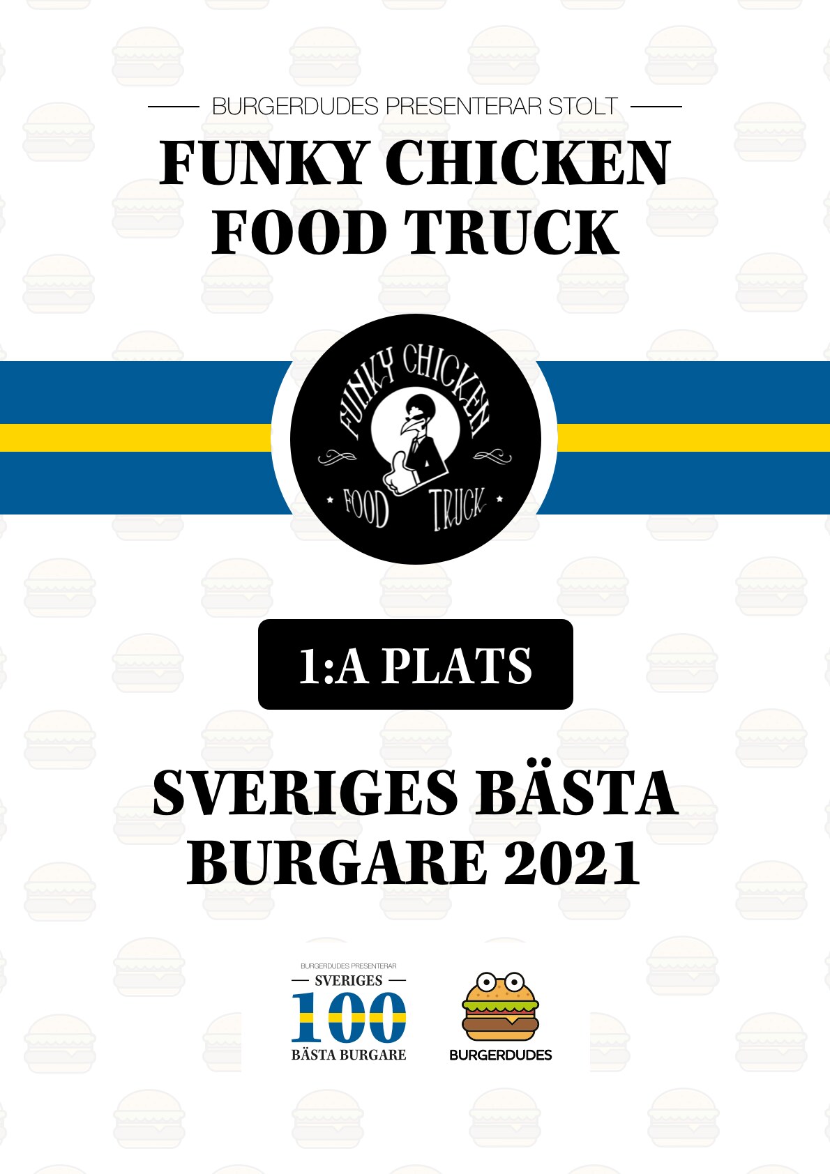 Framed Burgerdudes certificate for Funky Chicken Food Truck reading "1:a plats – Sveriges bästa burgare 2021" (1st place, Sweden's Best Burger 2021)