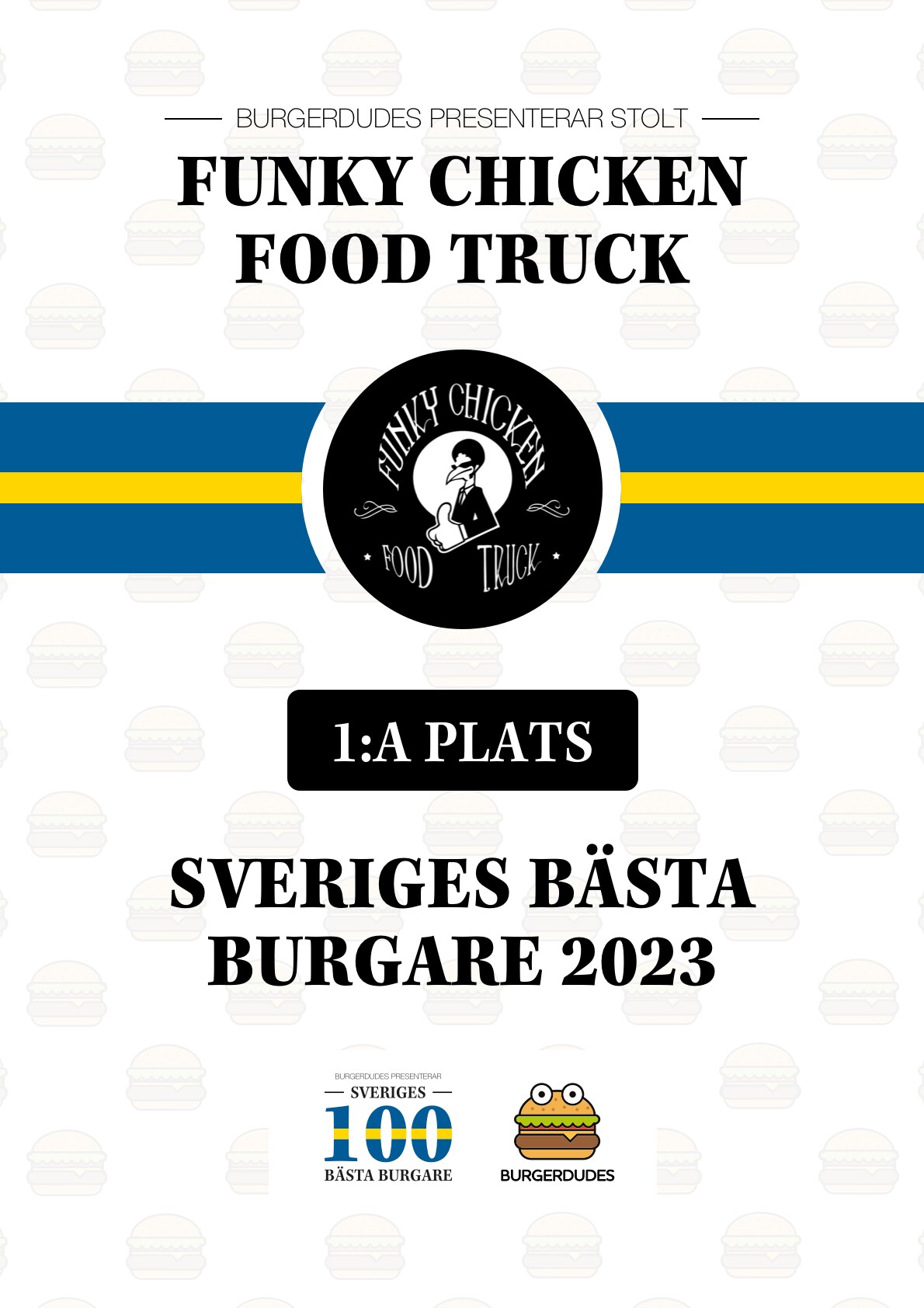 Framed Burgerdudes certificate for Funky Chicken Food Truck reading "1:a plats – Sveriges bästa burgare 2023" (1st place, Sweden's Best Burger 2023)