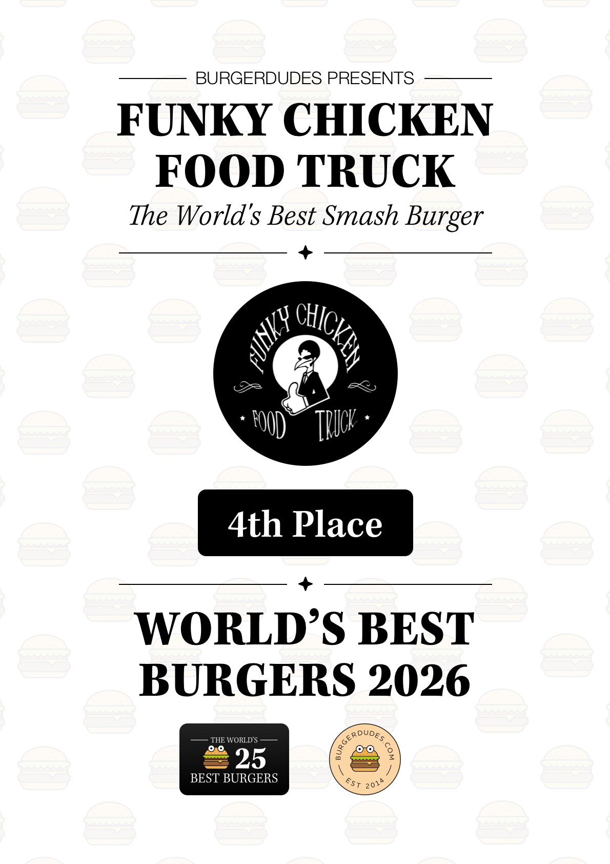 Framed Burgerdudes certificate for Funky Chicken Food Truck, "The World's Best Smash Burger" – 4th place, World's Best Burgers 2026