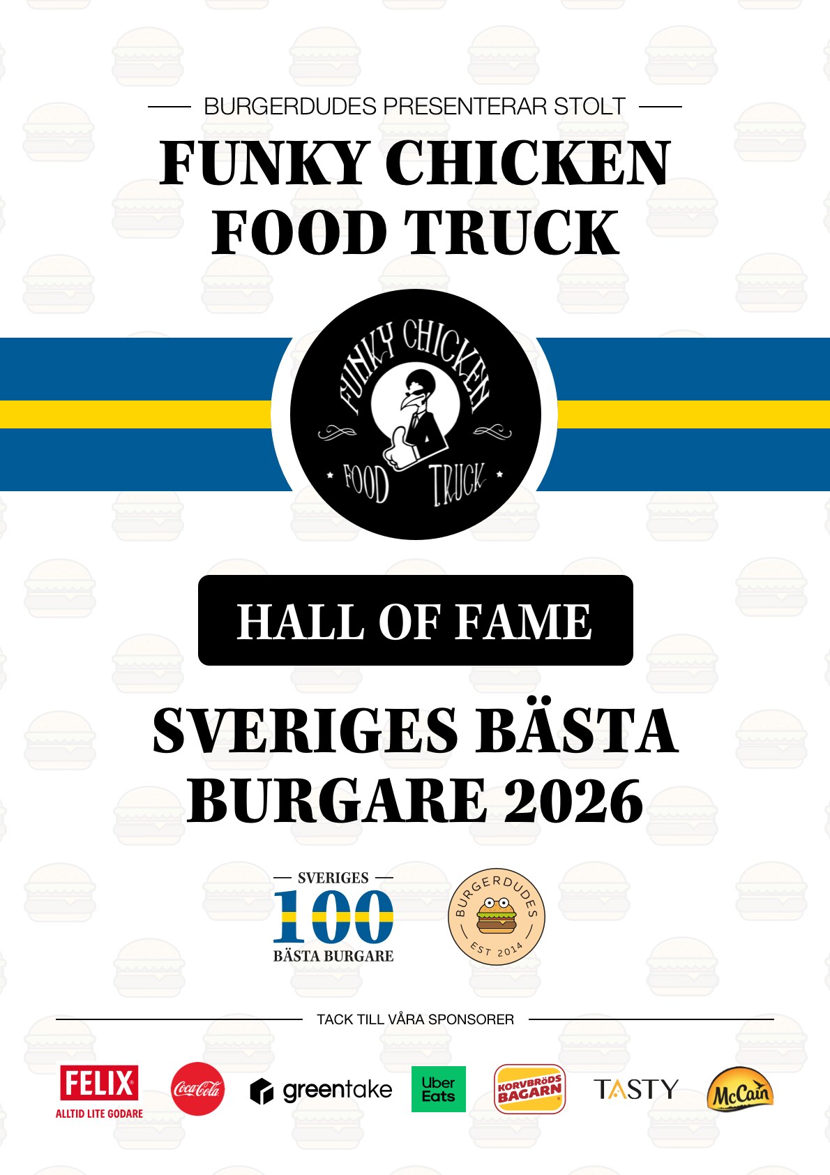 Framed Burgerdudes certificate for Funky Chicken Food Truck reading "Hall of Fame – Sveriges bästa burgare 2026" (Hall of Fame, Sweden's Best Burger 2026)